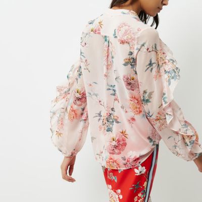 Pink floral print frill sleeve blouse